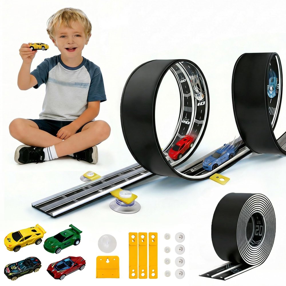 16.4Ft Flexible Race Track for Kids Ages 3+, Patterned Dual-Lane Roll Up Race Track Set with 4 Toy Cars & Suction Cups, Compatible with 1/64 Diecast Cars, Portable DIY Racing Toy (Black)