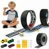 16.4Ft Flexible Race Track for Kids Ages 3+, Patterned Dual-Lane Roll Up Race Track Set with 4 Toy Cars & Suction Cups, Compatible with 1/64 Diecast Cars, Portable DIY Racing Toy (Black) view 1
