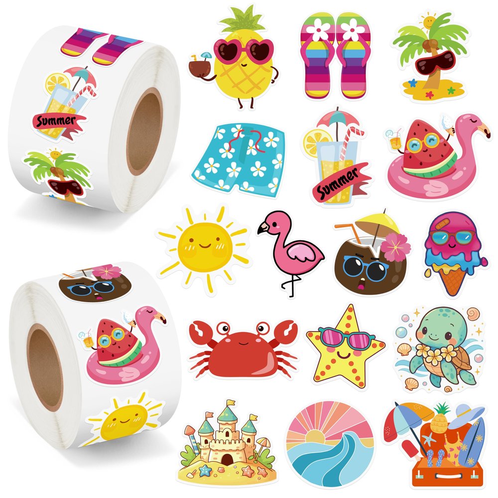 1000Pcs Summer Stickers for Kids, 2 Rolls Hawaiian Tropical Beach Self Adhesive Labels Luau Party Favors for Seasonal Holiday DIY Crafts Teacher Reward Gifts Scrapbooking Water Bottle Decor,16 Designs
