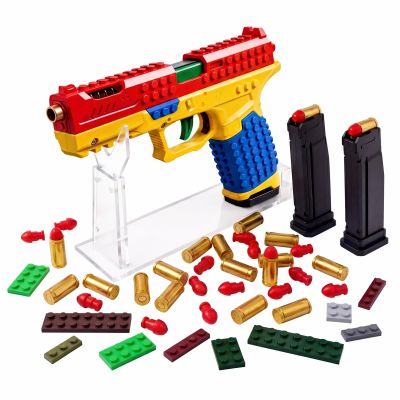 Automatic Shell-Ejecting Building Block Toy Gun 2 Mags, 100 Soft Bullets, 18 Shells, 16 Bricks, Display Stand | Fun Shooting Toy for Kids, Great Gift for Christmas, Birthday, Halloween