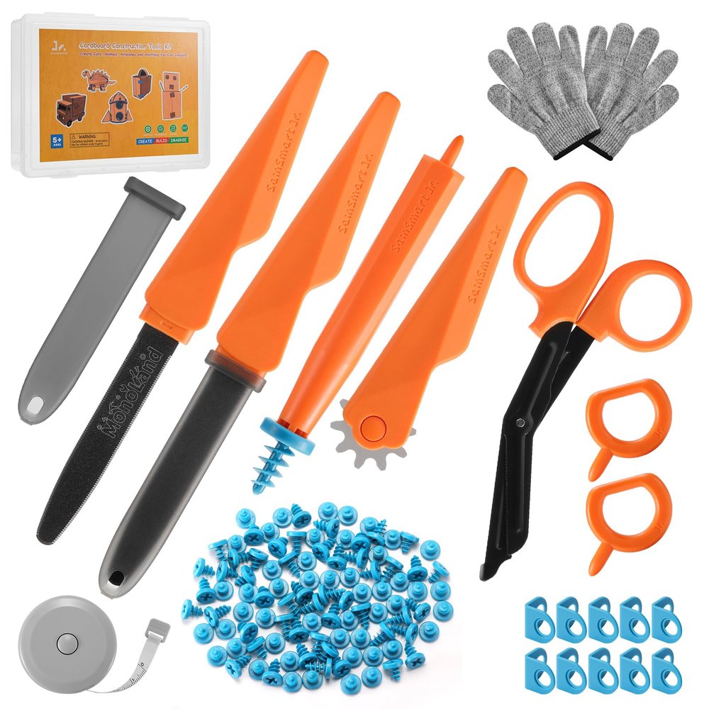 SainSmart Jr. Cardboard Tools for Kids with Safe Cutter, Tool Box & Tape Measure, 120 PCS Cardboard Construction Kit for Family & Classroom Activities | Reusable Cutting Tools for Boys & Girls Age 5+