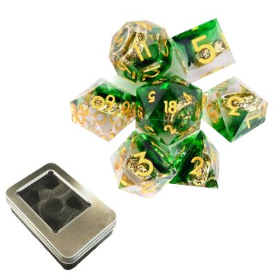 7pcs Green Resin Ring Sharp Dice, Solid Resin Polyhedral, Compatible with Role-Playing RPG Board Game Card Game