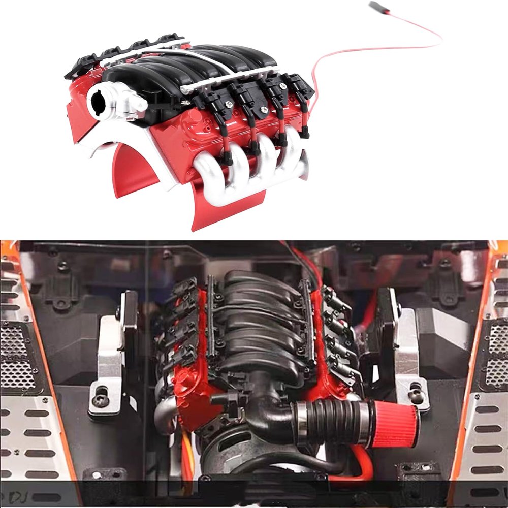 Dantenron 1/10 RC V8 Engine Simulated Radiator Cover with Heatsink & Cooling Fan, RC Motor Heat Dissipation Upgrade Parts, Compatible with 1:10 Crawler Car Traxxas TRX4 Axial SCX10 D90 90047 Red-Black