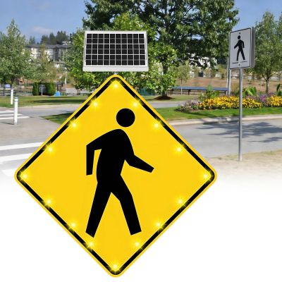 24''/30" Solar Powered LED Flashing Pedestrian Crossing Sign/Slow down Pedestrian Traffic Sign/LED Blinking Street Warning Sign, For Street Driveway School Community 30"