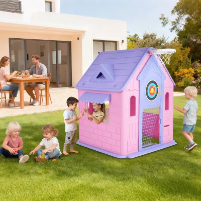 4-in-1 Activity Playhouse for Kids, Cottage with Basketball Hoop, Dartboard & Soccer Goal, Educational Role Play Toy for Toddlers & Children Ages 3-8 Years