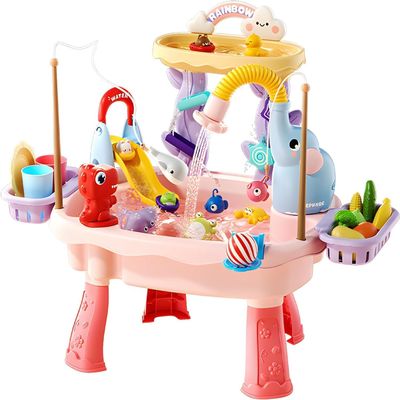 Poruary 2027 Upgraded Toddler Sand Water Table Toy with Electric Water Pump, Kids Sand Water with Faucet/Play Food Accessories/Fishing Toy, Kitchen Play Sink Toys for Girl Boy Age 3+ (Pink)