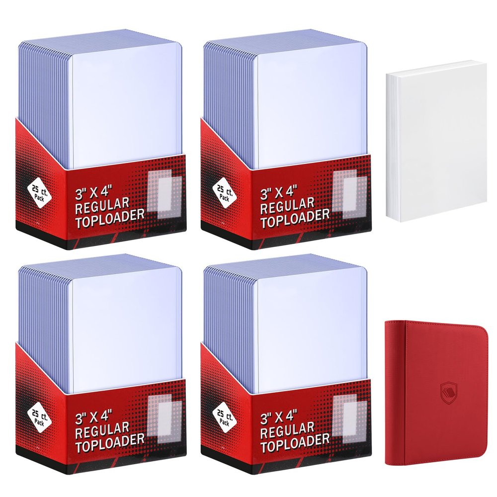 200 Card Sleeves Top Loaders for Cards Included 96 Pockets Top Loader Binder, 3" x 4" Baseball Card Protector Hard Plastic Card Holder for Sports Trading Cards (100 Toploaders + 100 Soft Sleeves)