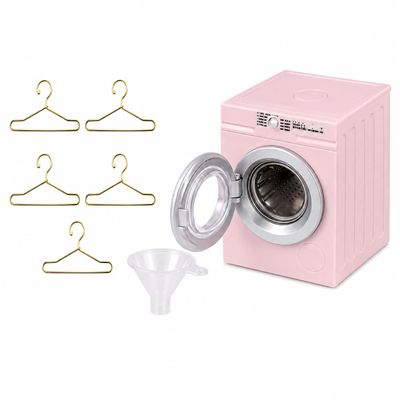 112 Scale Miniature Washing Machine Model with 5 Metal Hangers, Rotating Drum Front-Load Washer Replica for Adult Collectibles, Desk Display and Photography Props (Pink)