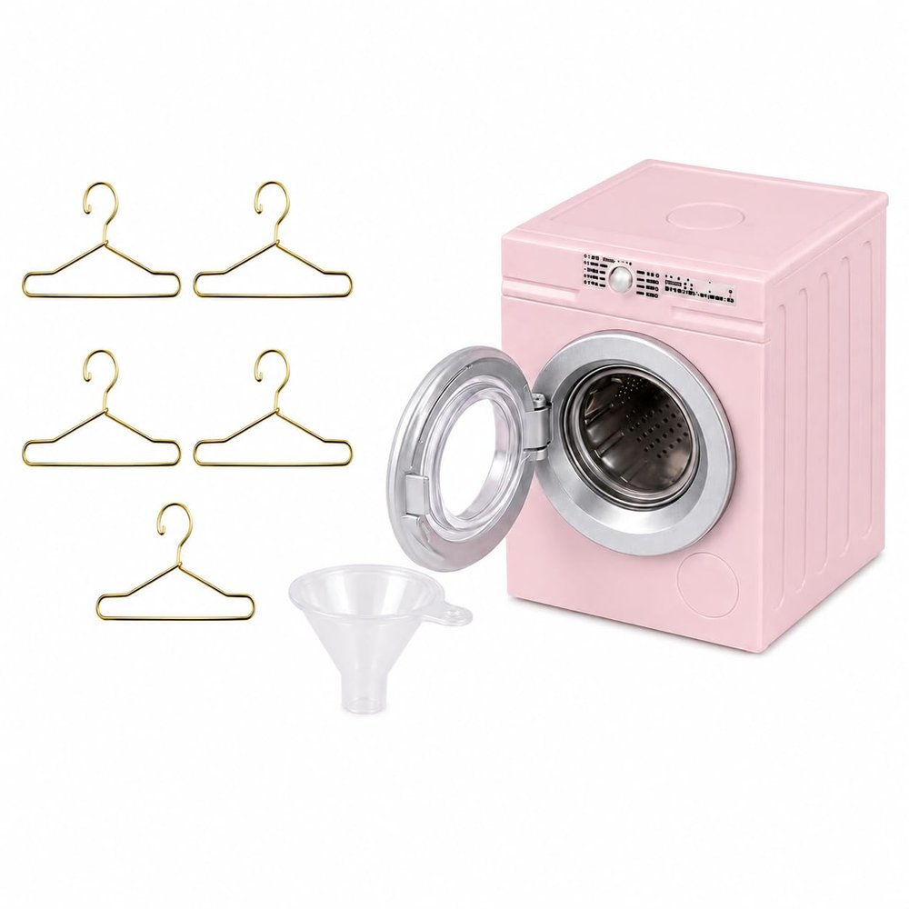 112 Scale Miniature Washing Machine Model with 5 Metal Hangers, Rotating Drum Front-Load Washer Replica for Adult Collectibles, Desk Display and Photography Props (Pink)