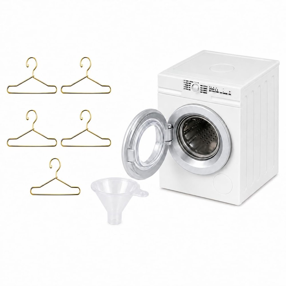 112 Scale Miniature Washing Machine Model with 5 Metal Hangers, Rotating Drum Front-Load Washer Replica for Adult Collectibles, Desk Display and Photography Props(White)