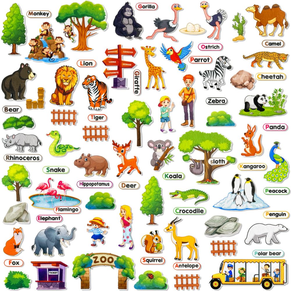PENGFULL Felt Flannel Board Story Pieces for Toddlers PreschoolKids Interactive Storytelling Teaching Play Kits for Flannel Board or Felt Boardwith Words Felt PiecesZoo