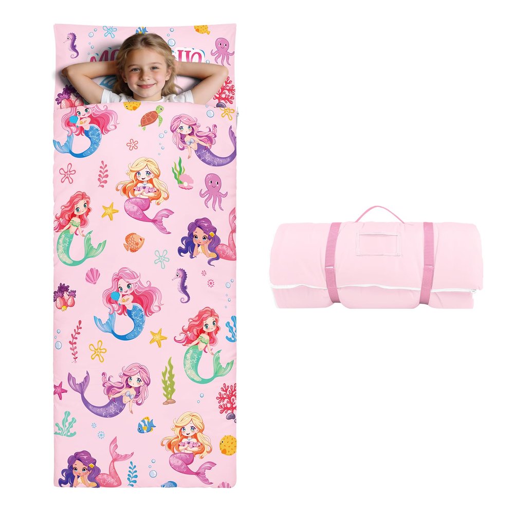 Kids Sleeping Bag Toddler Nap Mat with Removable Pillow, Large Foldable Sleeping Bag for Girls Boys, Easy Clean Slumber Bag for Camping School Preschool Daycare, 5924 inch