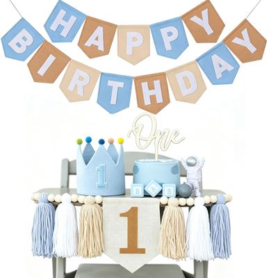 1st Birthday Decorations for Boy - Felt Happy Birthday Banner First Birthday High Chair Banner, Crown Hat, Cake Topper, Pre-Strung Highchair Birthday Banner Birthday Party Supplies (KBlue One)