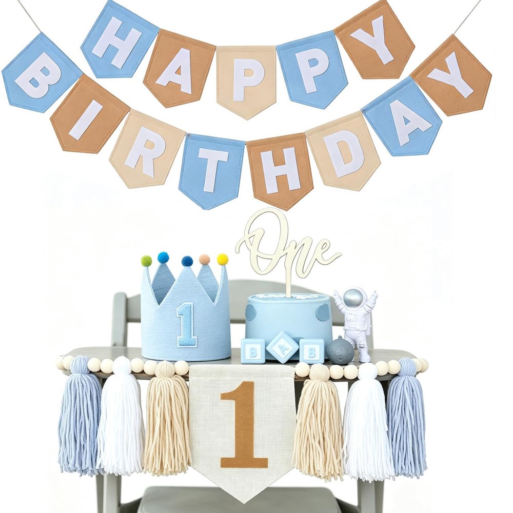 1st Birthday Decorations for Boy - Felt Happy Birthday Banner First Birthday High Chair Banner, Crown Hat, Cake Topper, Pre-Strung Highchair Birthday Banner Birthday Party Supplies (KBlue One)