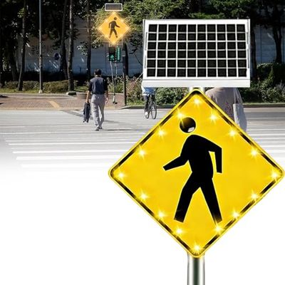 30" Solar LED Pedestrian Crossing Sign - Flashing Traffic Warning, Durable Aluminum IP65 Weatherproof, Ideal for Parks & Schools, Bright Blinking Crosswalk Sign