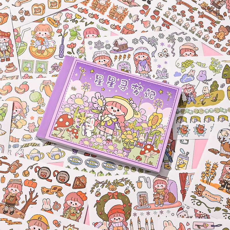 1000+ Unique Washi Stickers,50 Sheets Stars Kawaii Sticker Book for Teens & Adults, with Retractable Craft Knife & Tweezers, Reusable Stickers for Journaling, Scrapbooking & DIY Decor