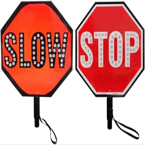 Double-Sided Handheld Stop-Slow Traffic Sign with Reflective Surface, Rechargeable LED Light, Steady/Flashing Modes for Enhanced Road Safety