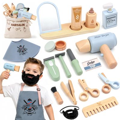 Wooden Barber Shop Pretend Play Set, Kids Shaving Kit Wooden Hair Salon Toys for Boys with Wearable Beard