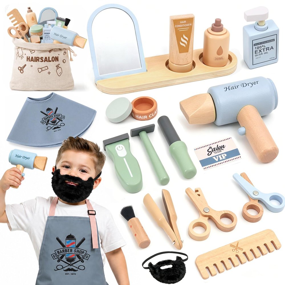 Wooden Barber Shop Pretend Play Set, Kids Shaving Kit Wooden Hair Salon Toys for Boys with Wearable Beard
