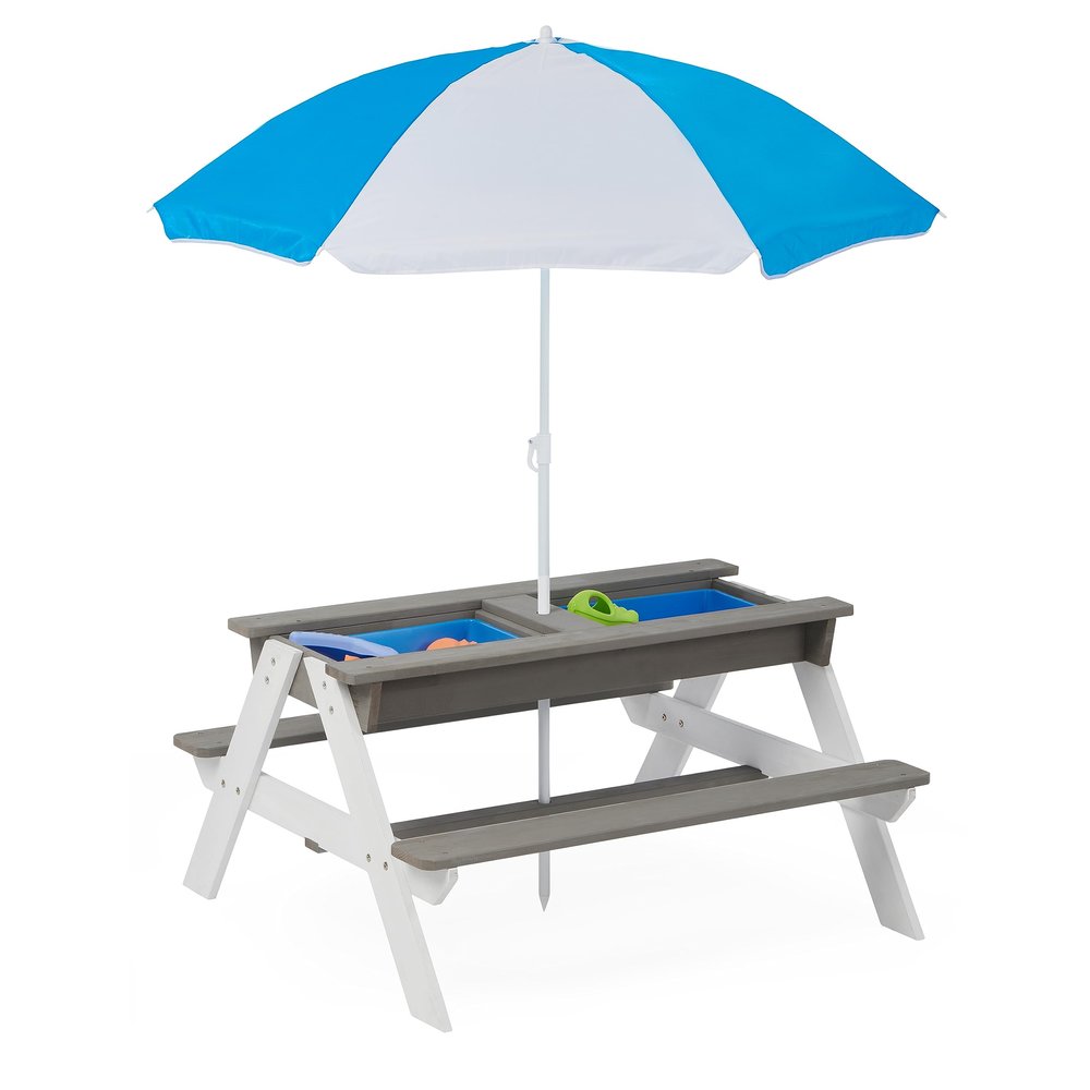 Senmate 3-in-1 Kids Wooden Picnic Table with Adjustable 43" Umbrella, Convertible Sand & Water Activity Table, Solid Cedar Wood, Water-Based Coating, Seats 4 Ages 3+, Gray