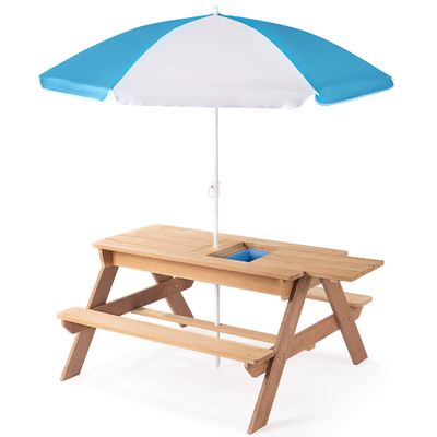 Senmate 3-in-1 Wooden Kids Picnic Table with Adjustable 43" Umbrella, Converts to Sand & Water Activity Table, Seats 4 Kids Age 3+, Natural Cedar