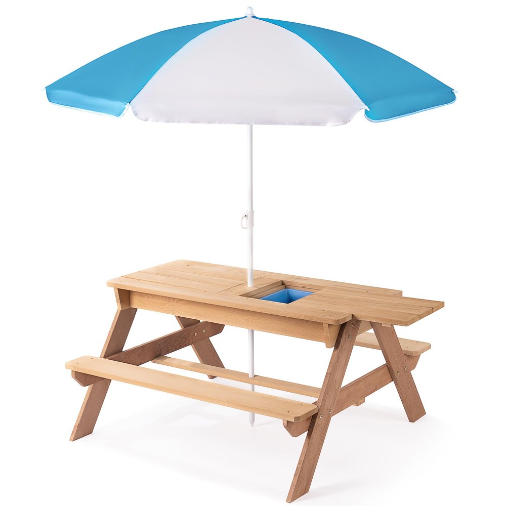 Senmate 3-in-1 Wooden Kids Picnic Table with Adjustable 43" Umbrella, Converts to Sand & Water Activity Table, Seats 4 Kids Age 3+, Natural Cedar