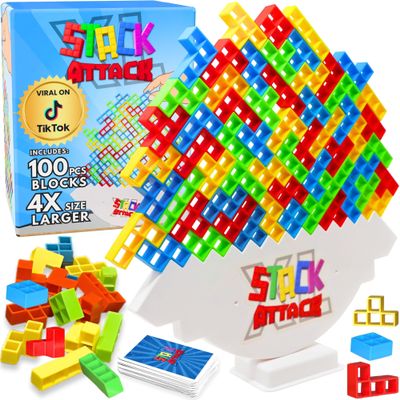 Stack Attack XL Tower Game, Giant Tabletop Games for Kids & Adults, Family Game Night Building Block and Stacking Gifts, Includes 100 Pcs & 36 Cards, Balance Novelty Toy Gift