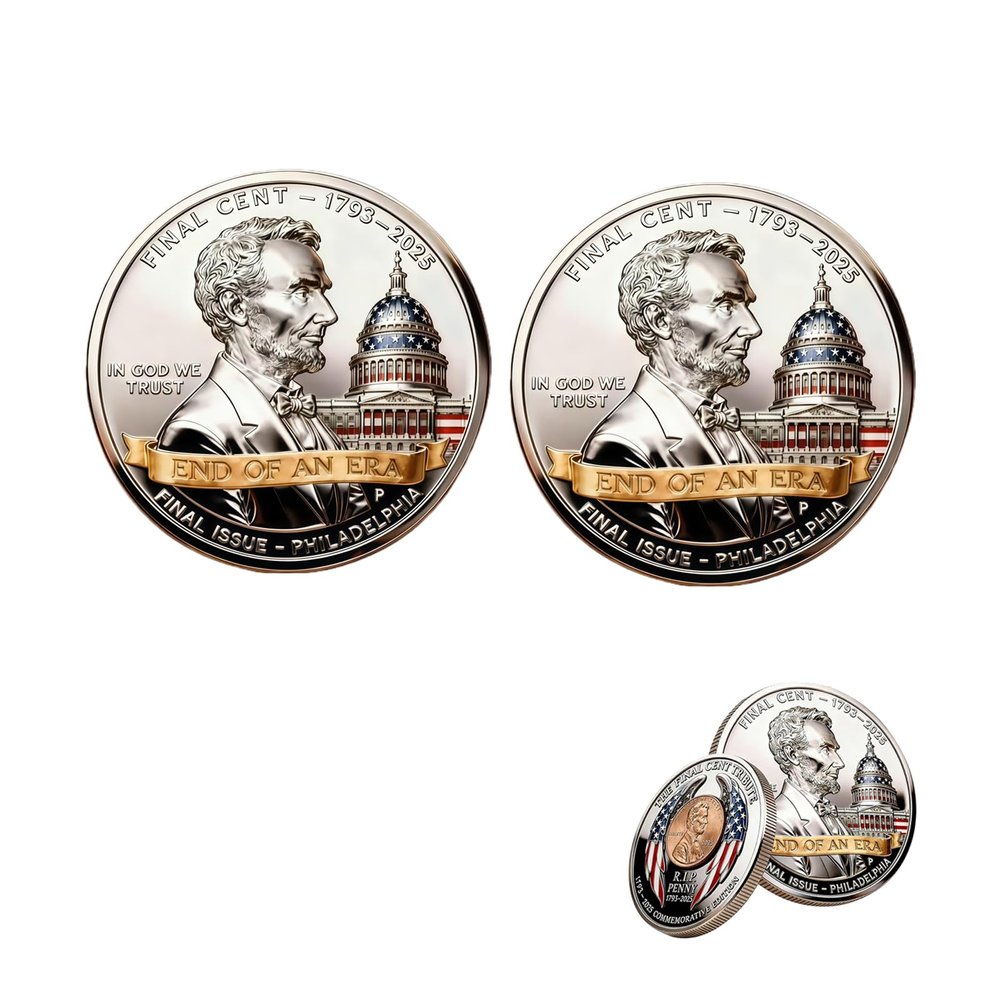 2025 Final Cent Tribute Coin - Uncirculated Last Mint Penny Commemorative Coins, 3D Engraved Dual-Sided Patriotic Challenge Pennies, End of an Era Collectible for Numismatists & Coin Lovers (2pcs)
