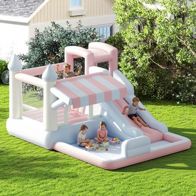 Albott Inflatable Bounce House, Water Slide with Jumping Area, Climbing Wall, Splash Pool and Water Gun, Indoor Outdoor Jumper for Big Children, Air Blower Included, Pastel Color, 121x93x69 Inch
