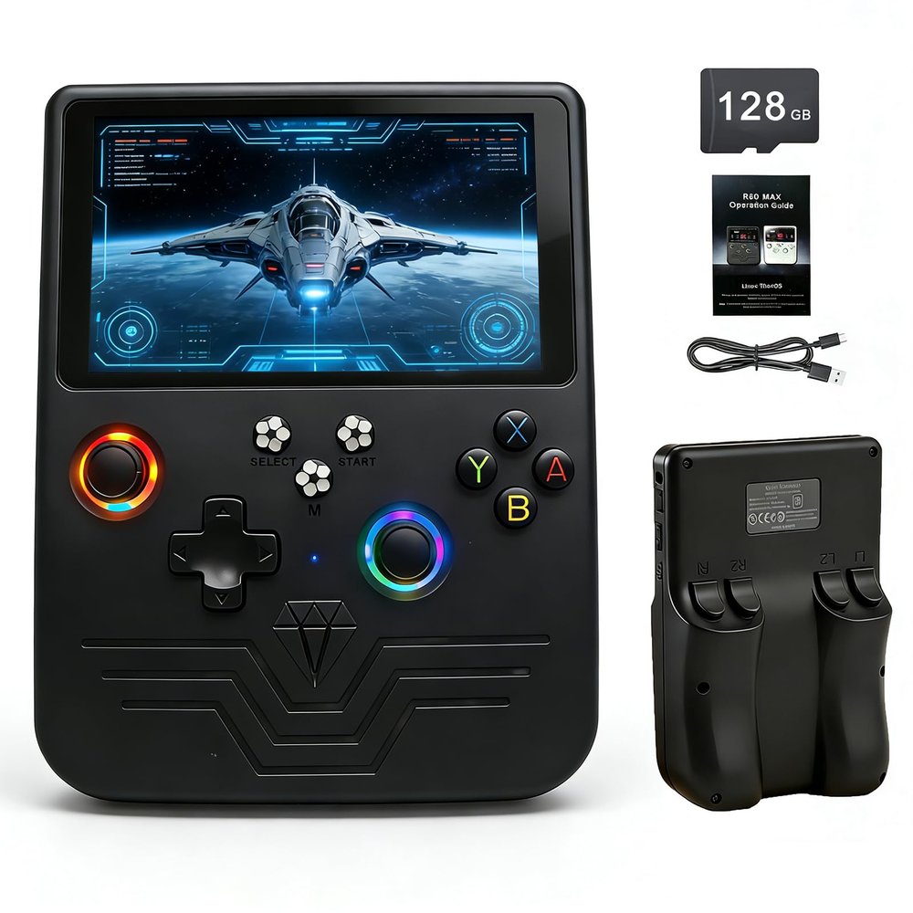 FVBADE[40000 in 1] R60S MAX Handheld Game Console 5.5 inch IPS Screen Mini Retro Console 6000mAh Portable Pocket Arcade 45+ Mainstream Emulator 128G TF Card Transparent.(Black)