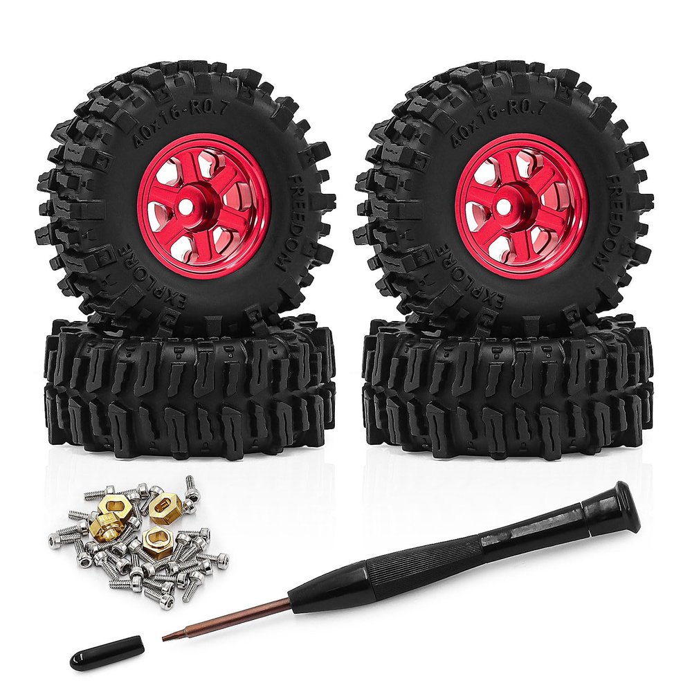 0.7 Inch RC Crawler Tires and Wheels Set 4016mm for 1/30 Scale Axial SCX30 (Red)