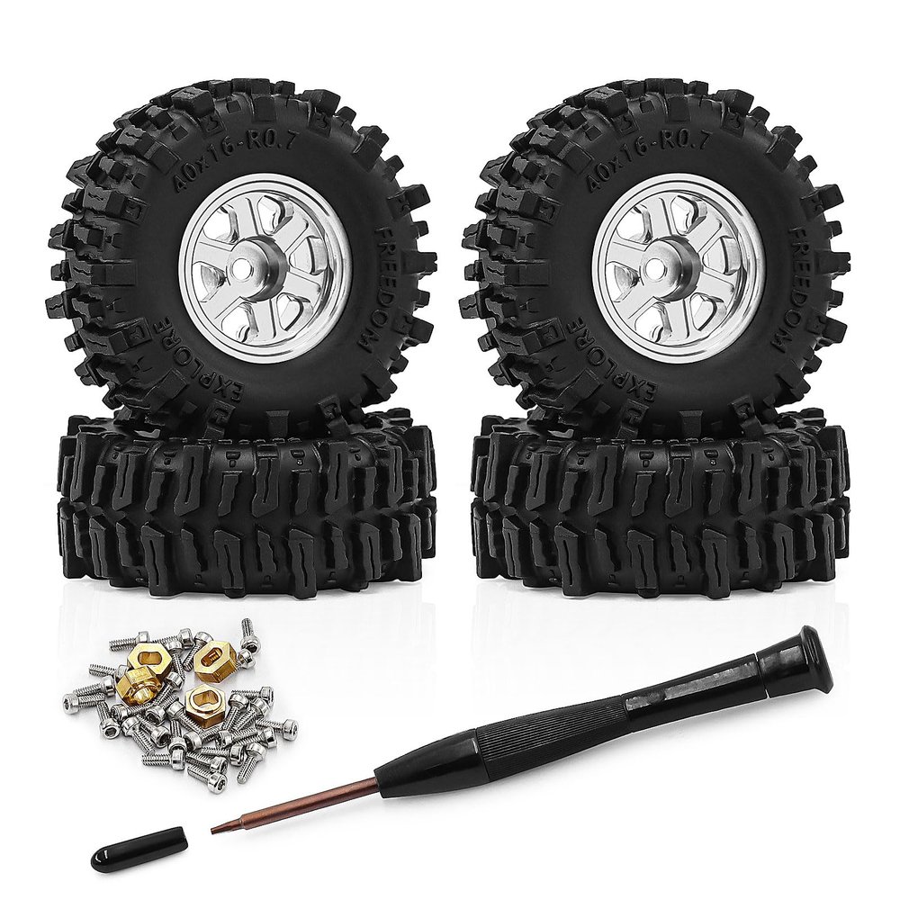 0.7 Inch RC Crawler Tires and Wheels Set 4016mm for 1/30 Scale Axial SCX30 (Silver)