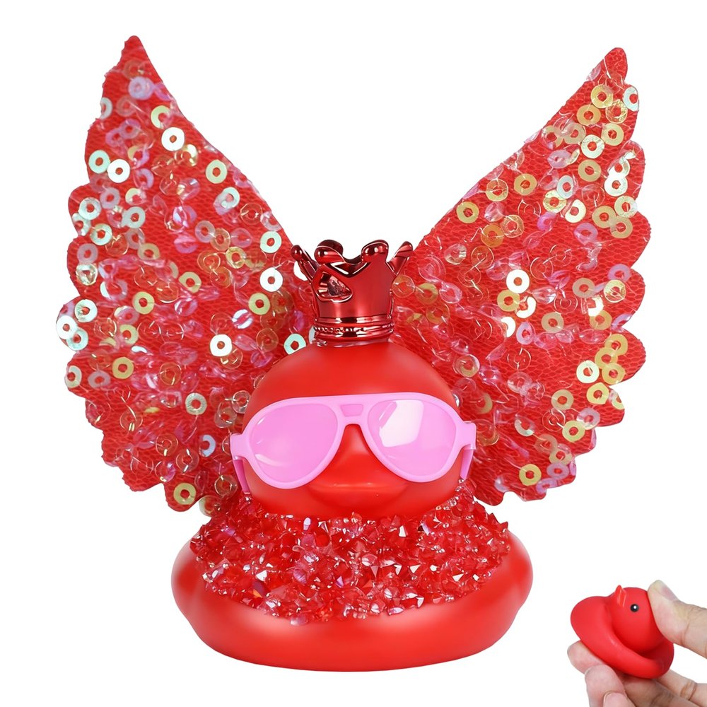 Red Angel Rubber Duck with Wings, Diamond Stripes, Crown, Glasses - Funny Dashboard Duck Ornament for Car Decor, Office and Gifts | for Stress Relief, DIY Accessories Included