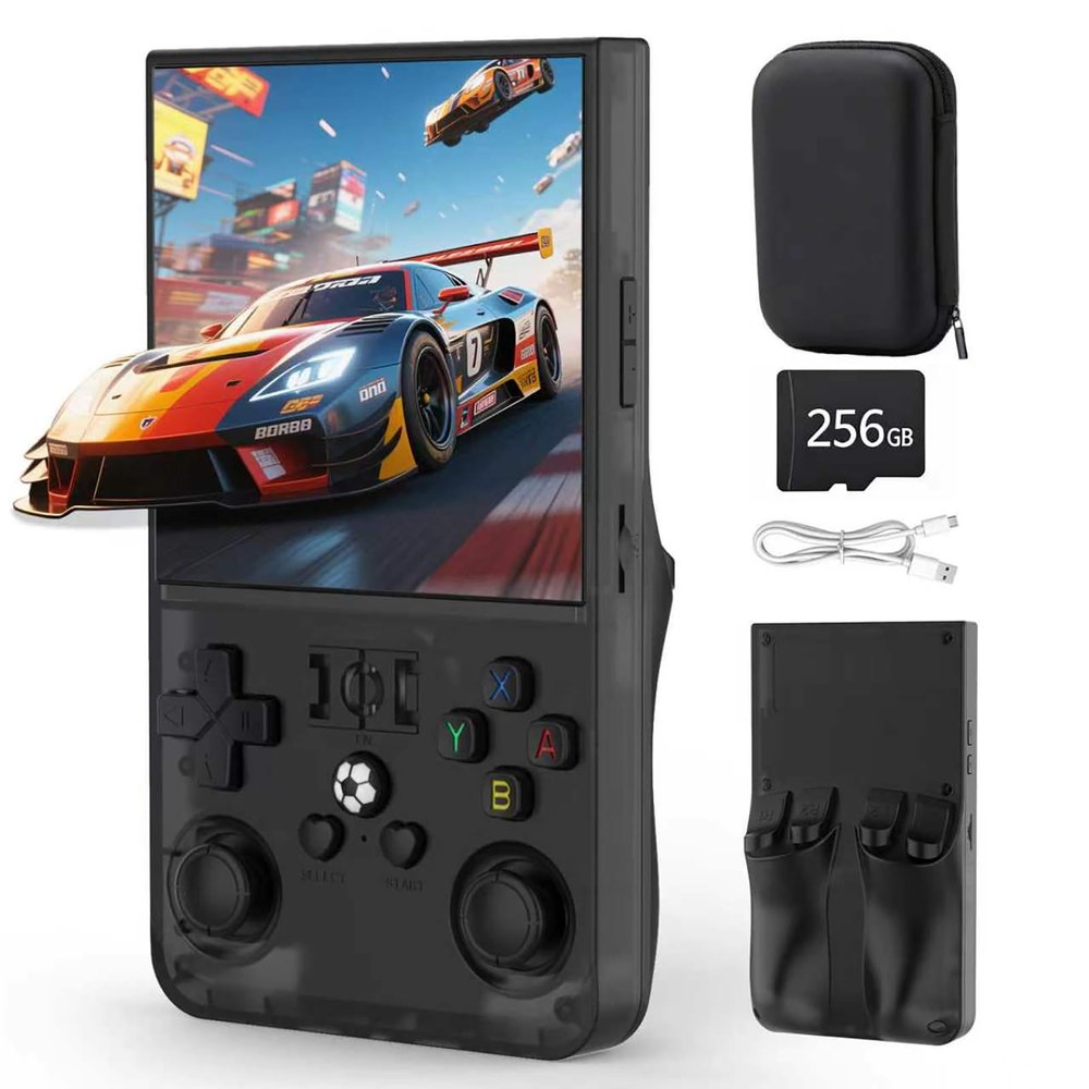 FVBADE[40250 in 1] R36 MAX Handheld Game Console 4.0 inch IPS Screen Mini Retro Console 4000mAh Portable Pocket Arcade 45+ Mainstream Emulator 256g TF Card Transparent.(Black)