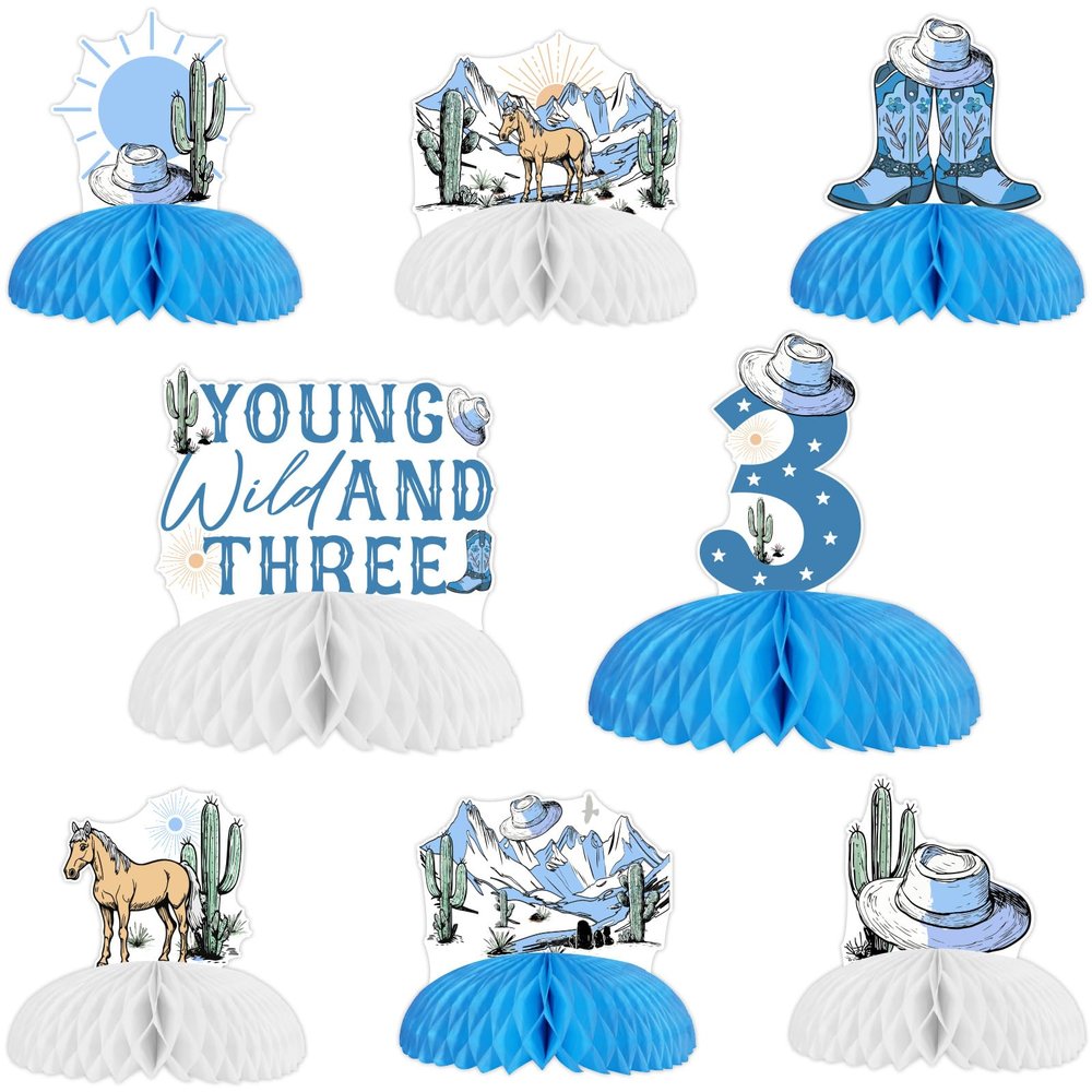 8 Pcs Young Wild and Three Centerpieces for Boys 3rd Third Birthday Party
