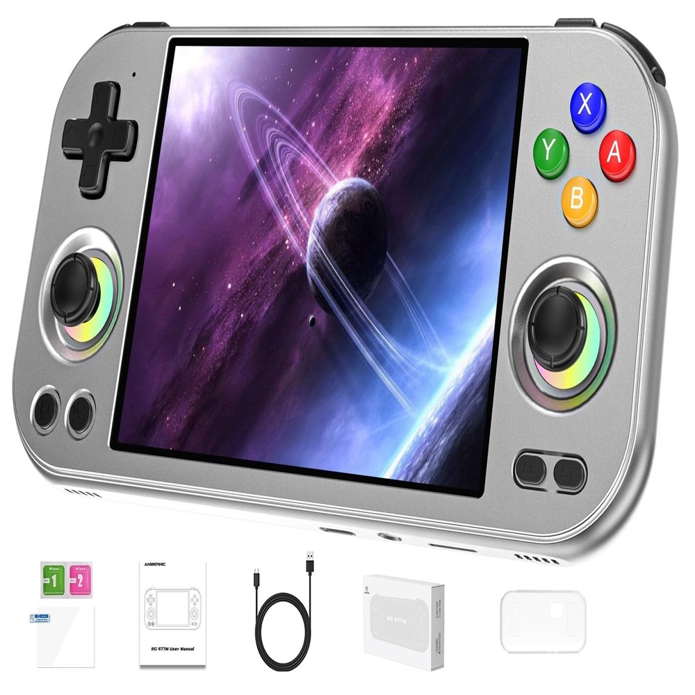 Anbernic RG477M Retro Handheld Game Console , 4.7 Inch Touch Screen Aluminum Alloy CNC Android 14 System Support WiFi 6E Bluetooth 5.3 Dimensity 8300 Processor 8+128GB(Silver Blade)