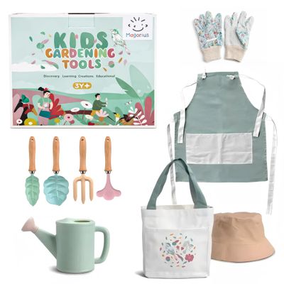 Magorius Kids Gardening Tools Set - 9 Piece Real Metal Tools with Sturdy Wood Handles, Includes Washable Apron, Hat, Tote Bag and Watering Can - STEM Outdoor Learning Gift for Boys and Girls.