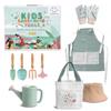 Magorius Kids Gardening Tools Set - 9 Piece Real Metal Tools with Sturdy Wood Handles, Includes Washable Apron, Hat, Tote Bag and Watering Can - STEM Outdoor Learning Gift for Boys and Girls. view 1