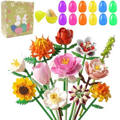 12 PCS Prefilled Easter Eggs with Flower Building Blocks Set, Easter Basket Stuffers Fillers for Adults and Teens Aged 14+ Easter Theme Party Favors, Easter Egg Hunt Prizes and Classroom Gifts