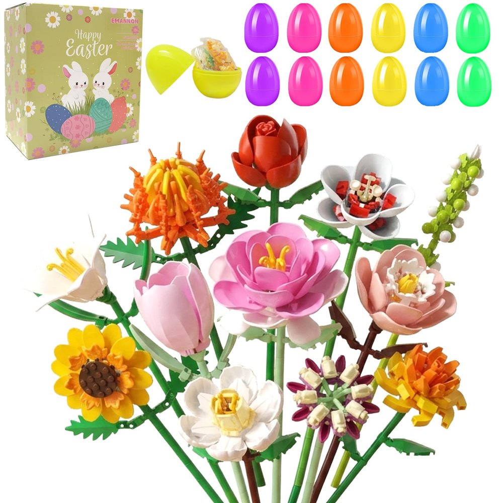 12 PCS Prefilled Easter Eggs with Flower Building Blocks Set, Easter Basket Stuffers Fillers for Adults and Teens Aged 14+ Easter Theme Party Favors, Easter Egg Hunt Prizes and Classroom Gifts