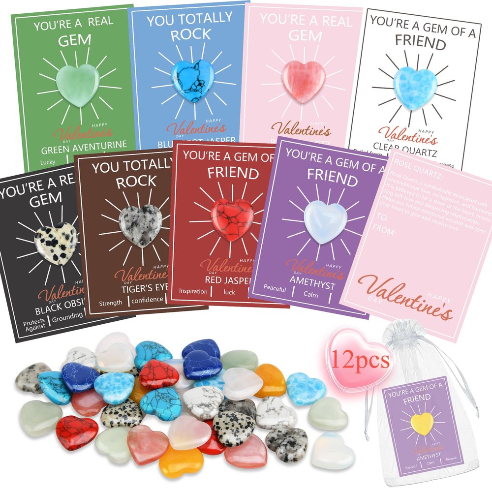 12 Pack Valentines Day Gifts for Kids, Valentines Day Cards with Heart-Shaped Crystal Gemstones for School Classroom Exchange, Valentine Party Favors&Goody Bag Fillers for Girls and Boys Ages 412