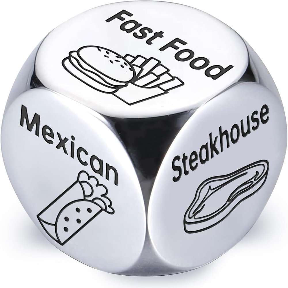 Couple Steel Dice for Date Night, Easter Basket Stuffers Gifts for Mens Adults, Spinning Food Decision Dice, 6-Side Metal Food Dice, Anniversary Birthday Wedding Couples Gifts for Him Her