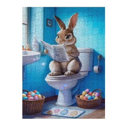 500 Piece Wooden Jigsaw Puzzle Comical Rabbit Reading Newspaper in Bathroom, Lighthearted Animal Art, Leisure Puzzle, Humor Decor, Gift