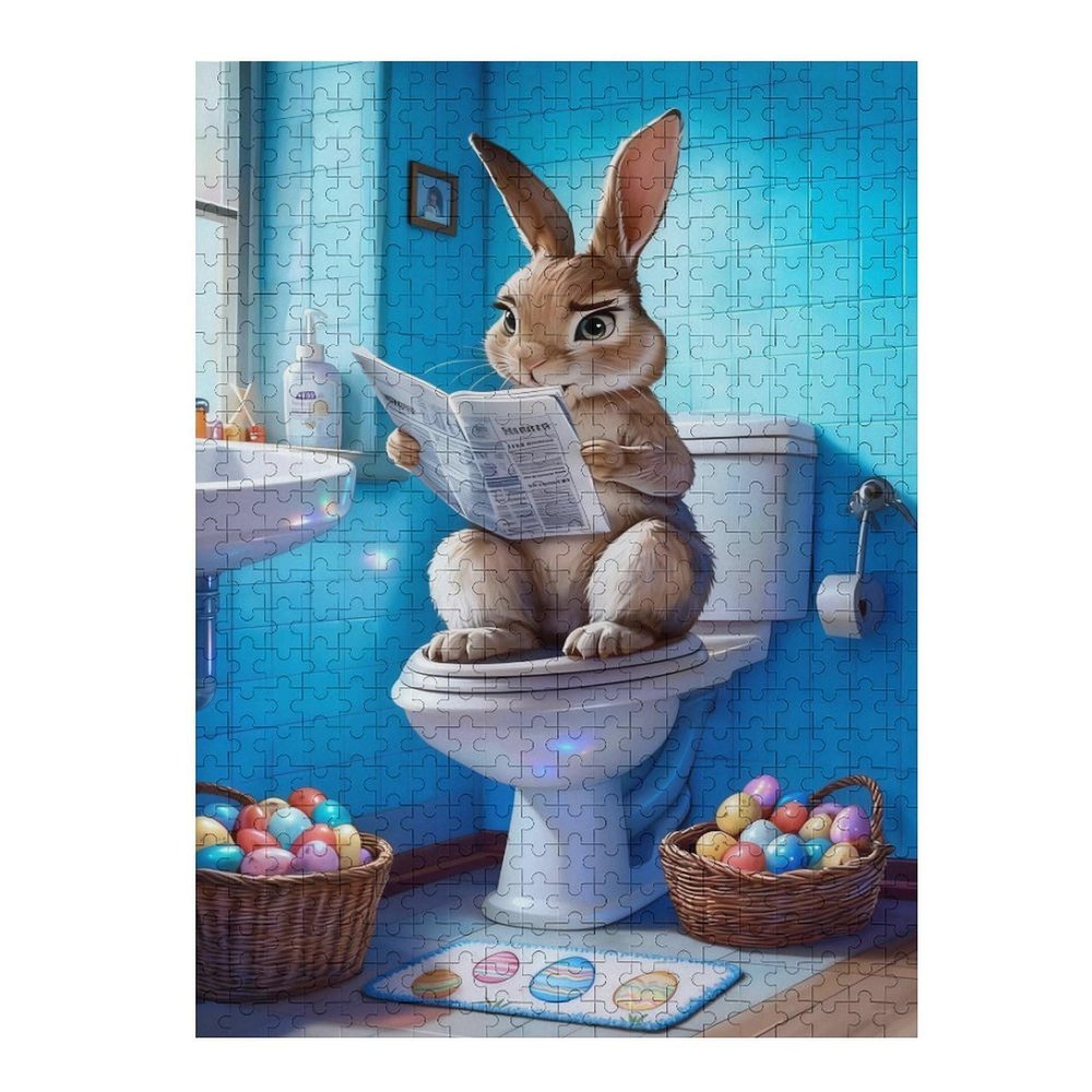 500 Piece Wooden Jigsaw Puzzle Comical Rabbit Reading Newspaper in Bathroom, Lighthearted Animal Art, Leisure Puzzle, Humor Decor, Gift
