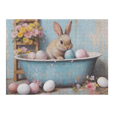 Easter Bunny Soaking in Bathtub Artwork 1000 Piece Wooden Jigsaw Puzzle, Charming Bunny Scene Blending Humor and Holiday Spirit, Puzzle for Adults, Relaxation and Wall Art