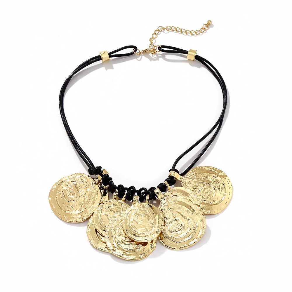 Bohemian Round Metal Pendant Hand Woven Knotted Wax Rope Necklace,golden,40+7cm