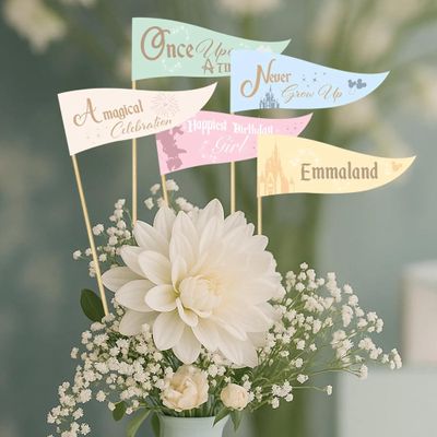 Theme Park Castle Birthday Pennant Toppers, 3 Inch (10 Count), Happiest Birthday on Earth Banner Picks, Party Dessert Decor for Cupcakes, Treats & Table Styling
