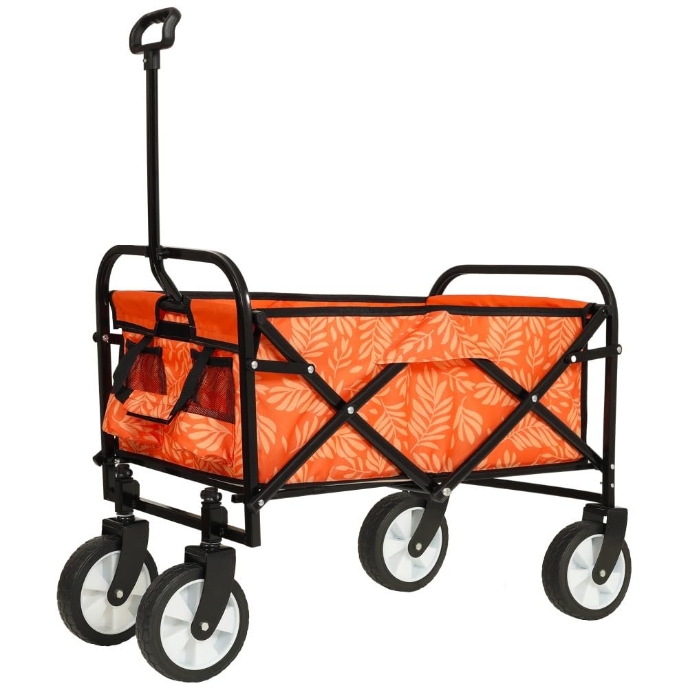 Collapsible Foldable Wagon Cart with All-Terrain Wheels, Heavy-Duty Steel Frame, 225 lb Capacity, Ideal for Beach, Camping, Grocery, Gardening and Outdoor Use (Orange + Steel)