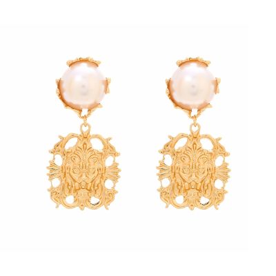 6.3 * 3cm Vintage Hollowed Out Lion Head Inlaid With Imitation Pearl Pendant Earrings,golden,6.3 * 3cm