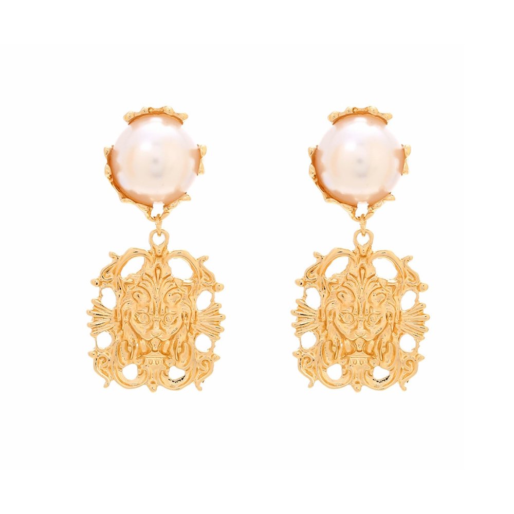 6.3 * 3cm Vintage Hollowed Out Lion Head Inlaid With Imitation Pearl Pendant Earrings,golden,6.3 * 3cm